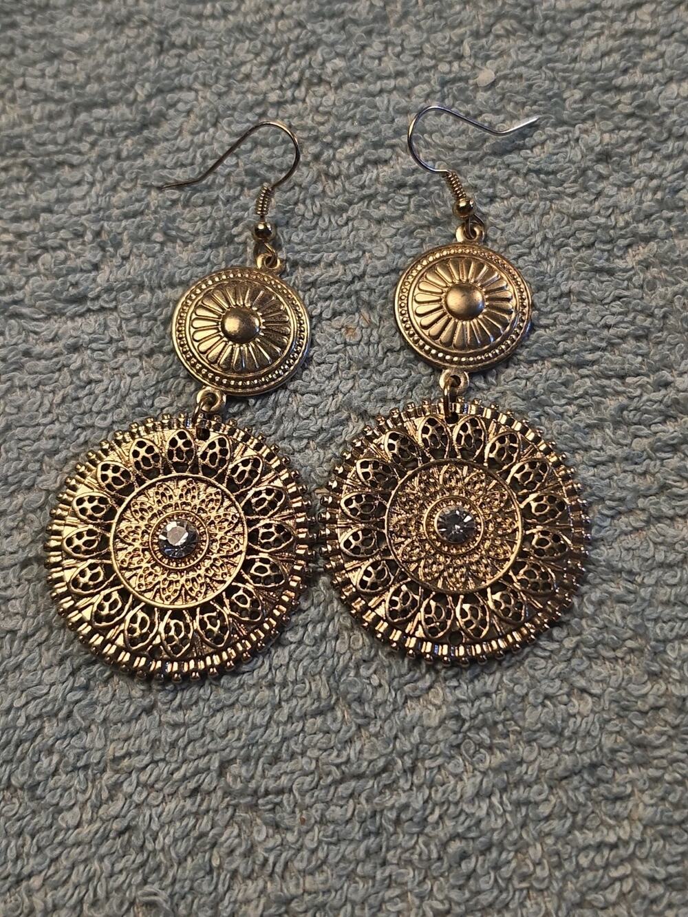 Gold Tone Filigree Mandala Dangle Earrings Boho Medallion Drop French Hook